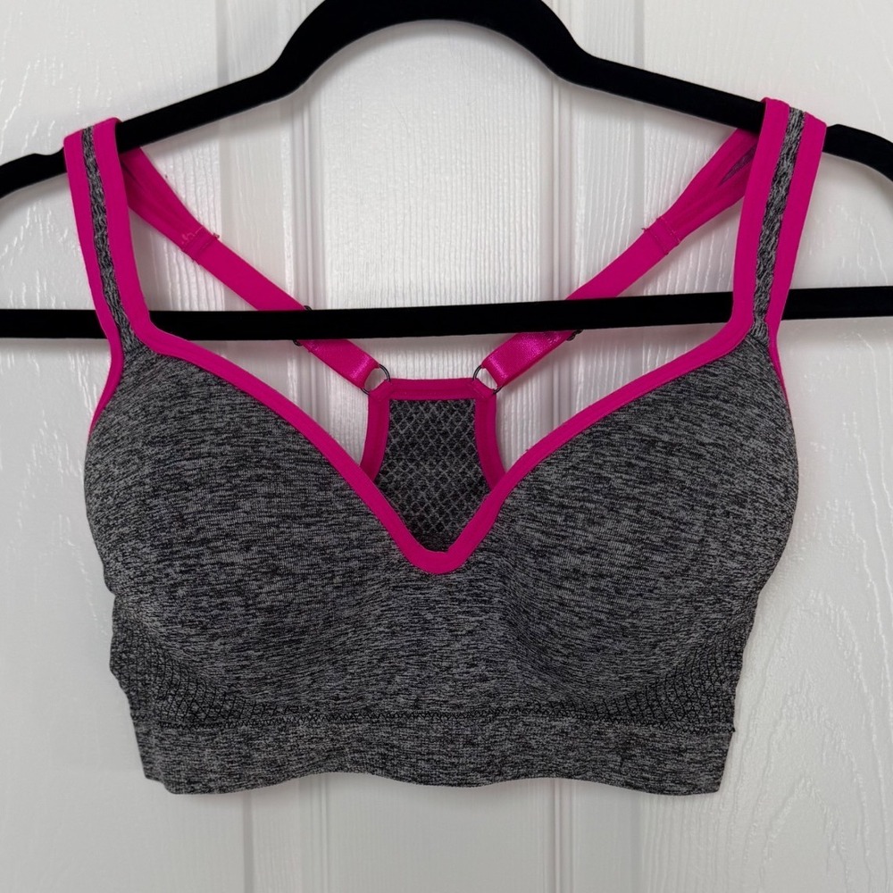 Danskin Now Womens 36D Sports Bra Gray Pink Space Dye High Impact Racerback Mesh